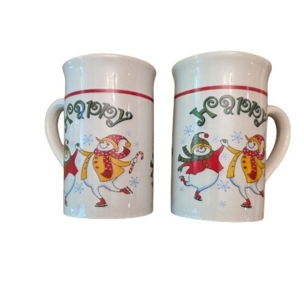 Royal Norfolk Happy Snowman Coffee Mugs Set of 2 Christmas Winter Ceramic 4.5"